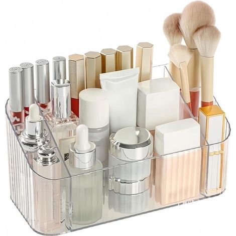 Organizador de maquillaje，Transparente para el cuidado de la piel，Soporte para brochas de maquillaje con 7 compartimentos (1/5)