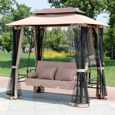 Fauteuil a' bascule Harem 3 places a' transformer en lit en acier avec plateau en polyester et assise comple'te avec moustiquaire pour jardin exte'rieur