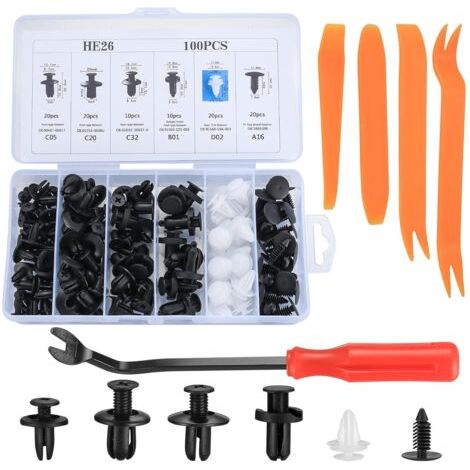 royaluxe-100PCS Clips Agrafes Plastiques Voiture Rivets Fixation Set, Rivets Plastiques Fixation de Protection Noir Universel pour Auto Voitures Panneaux de Portes Garnissages, avec Pince de Retrait