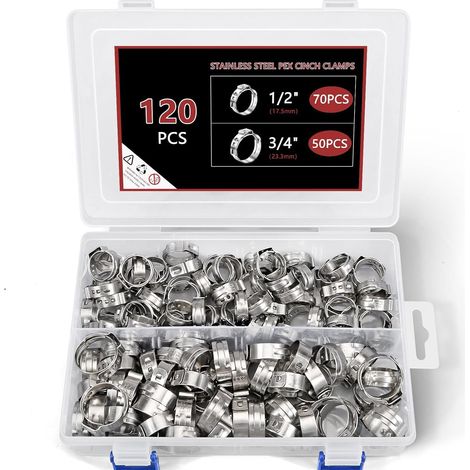 120PCS 1/2 ", 3/4" PEX Clinch Kit de pinces, Premium 304 en acier inoxydable Pex pinces PEX bagues de pince, bagues pince pinces pour PEX tuyauterie tuyauterie connexions par