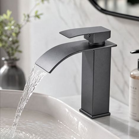 Robinet lavabo cascade gris anthracite, bec plat bas 245mm, mitigeur eau chaude froide avec flexible inox, design moderne salle de bain (1/5)