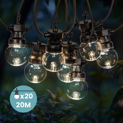 Guirlande lumineuse d'extérieur 20M LED blanc chaud – 20 bulbes transparents – Transformateur IP44 – Rallonge 3M pour événements festifs