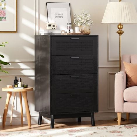 Buffet hoch - 4 Schubladen aus Rattan - Schwarz - Zeitgenössisches Design - Optimale Stauraum