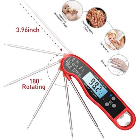Thermomètre Cuisine,Thermometre de Cuisine,2 en 1 Thermomètre Alimentaire Instantanée avec four Supplémentaire et Alarme avec Rétroéclairage LCD pour Cuisson à bonbons, Barbecue (rouge) (1/5)