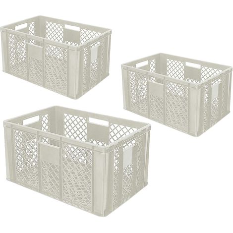 BRB Lot de 3 boîtes à verres Euro avec 4 poignées, L x l x H 600 x 400 x 315 mm, polyéthylène (PE-HD), gris galet
