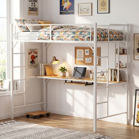 Lit Mezzanine en Métal avec Bureau, 90 x 200cm, avec 3 Etagères, 2 Échelles, Garde-Corps sur Toute la Longueur, Lit superposé,Blanc