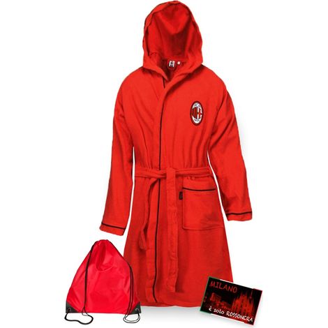 ACCAPPATOIO BAMBINO RAGAZZO ORIGINALE A.C. MILAN IN MICROSPUGNA ROSSO NERO con ZAINO PISCINA e cartolina MILANO è 4-6 ANNI (1/4)
