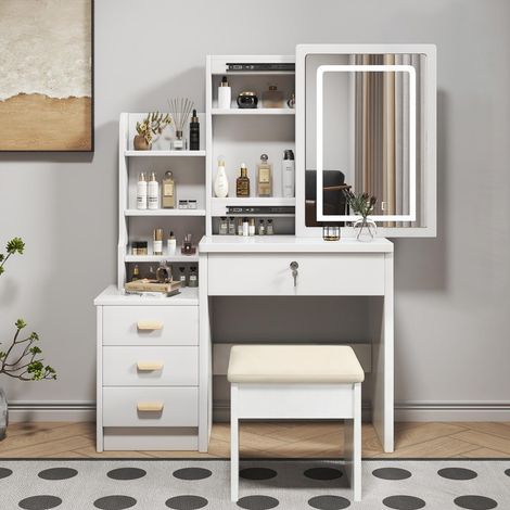 Coiffeuse professionnelle-miroir éclairage 3 couleurs-tabouret inclus-réglable-4 tiroirs-83x130x34cm (1/5)