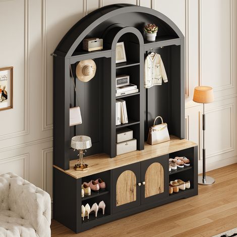 Armario curvado con estantes abiertos, diseño funcional MDF 150x40x195cm negro y madera
