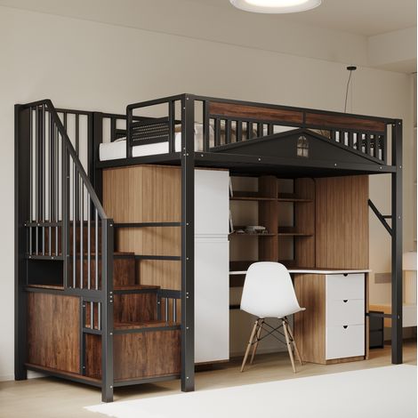 Hochbett Metall & Holz Schwarz 90x200 cm mit Stauraumtreppe, Sicherheitszaun und Lattenrost (1/5)