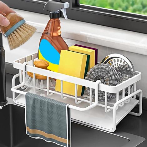 Rangement et organisation de la cuisine : Égouttoir d'évier en acier inoxydable, adapté au rangement des éponges et des torchons (1 pièce). (1/4)