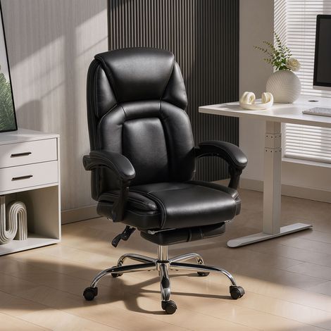 Fauteuil de bureau inclinable avec repose-pieds escamotable, en similicuir. Capacité de charge : 120 kg. Noir.