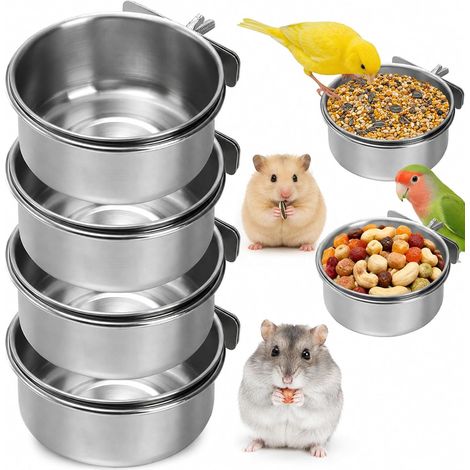Lot de 4 Gamelles Acier Inoxydable avec Pince - Mangeoire Suspendue Oiseaux et Rongeurs - Bol Amovible Cage (1/5)