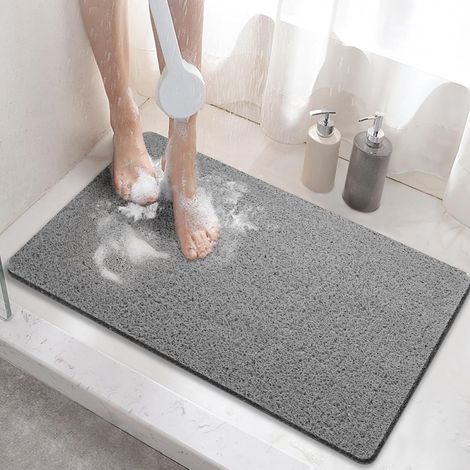 Tapis de douche antidérapant - Tapis de bain antidérapant - avec drain - Tapis imperméable et antidérapant - Tapis de bain en luffa souple en PVC - Séchage rapide - Gris - 40 x 60 cm (1/5)