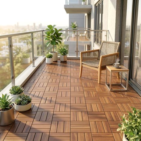 Set di 10 piastrelle in legno per esterni, 31x31 cm, 0,91 m², antiscivolo, per giardino, colore marrone scuro.