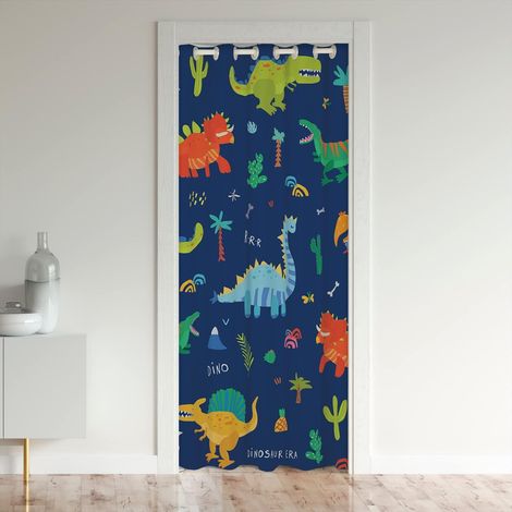 Dinosaures Rideau de Porte 150x203cm 3D Digital Imprimer Rideaux Interieur Salon Chambre Réversible Jungle Dino Bleu Coloré Décor Rideau Occultant Rideaux Décoration - 150L X 203H cm (1 Panneaux) (1/5)