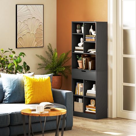 Bibliothèque noire 60x26x158 cm avec étagères ouvertes et tiroir intégré, meuble de rangement design