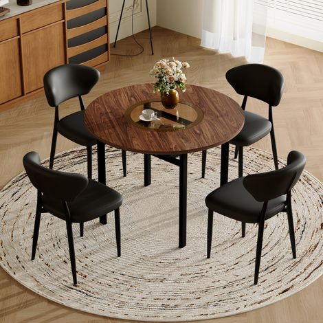 Set da pranzo rotondo 100x100x76 cm in MDF marrone, 4 sedie nere FloraGrace (1/5)
