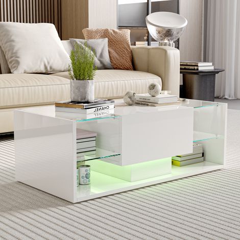 Couchtisch 100 cm im modernen Stil, mit Schublade und Regalen für Stauraum, LED-Beleuchtung, glänzende Lackoberfläche, Regale und Tischplatte aus gehärtetem Glas - Weiß