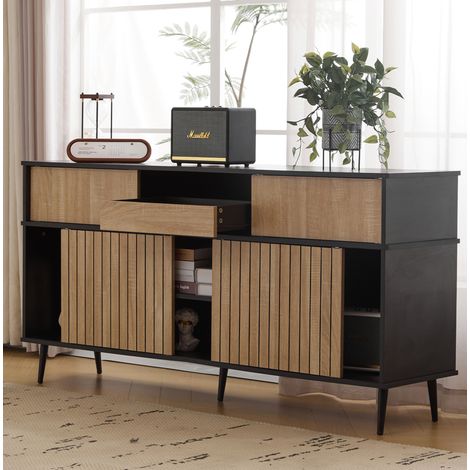 MEUBLIV Credenza 160x40x80 cm nera effetto rovere, 4 ante scorrevoli (1/5)