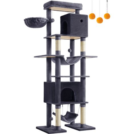 Arbre à chat 201 cm forme de tour taille xxl multi-niveaux 1 plateforme 1 panier 2 niches 2 hamacs dispositif anti-basculement gris clair (1/4)