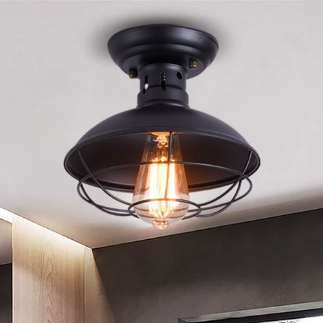 Ganeed Rustic Ceiling Light Black, E27 Mini Ceiling Pendant Lighting, Semi Flush Mounted with Industrial Metal Cage, Hallway Stairway Foyer Kitchen Porch Entryway