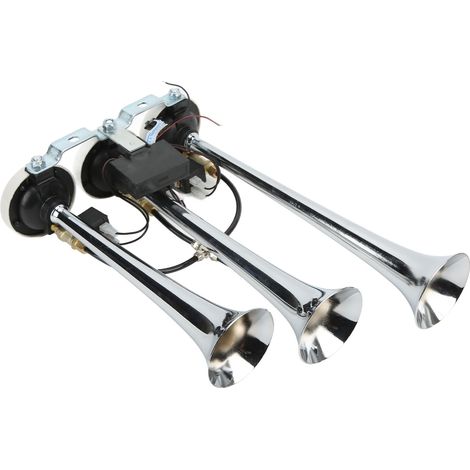 Trompe de camion 3 pavillons 6 airs Chromé 305/342/385x79mm 12V/24V pour Voiture, Poids Lourd, Bateau (1/5)