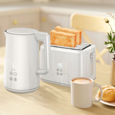 Wasserkocher- und Toaster-Set, 1,5-Liter-Edelstahlwasserkocher (2200 W) und 2-Scheiben-Toaster, cremefarben