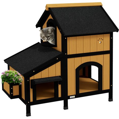 Maison en Bois pour Chats d'Extérieur Refugio à 2 Niveaux 96x65x85,5 cm en Bois Naturel pour Chats (1/5)