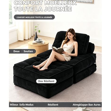 Canapé lit pliable 3 en 1 velours côtelé noir,fauteuil de sol ergonomique mousse mémoire,meuble compact gain de place pour studio,salon et lit (1/5)