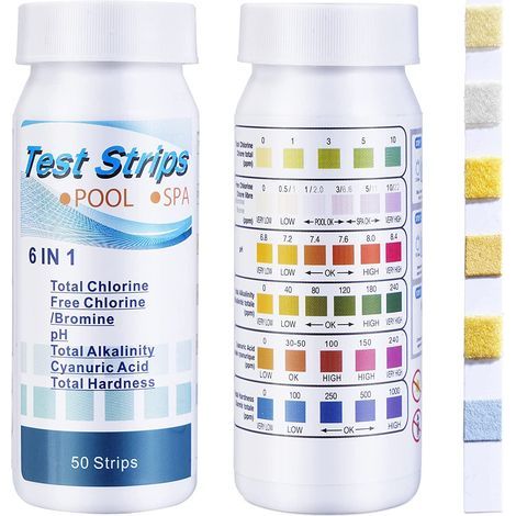 Pool- und Spa-Teststreifen 6 in 1, 100 Streifen zum Testen von Chlor, Brom, pH-Wert, Alkalität, Cyanursäure und Härte (1/5)