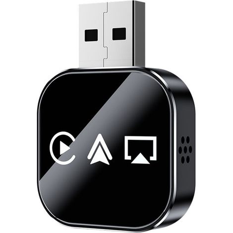 Este adaptador inalámbrico 3 en 1 para CarPlay es compatible con Smart CarPlay, AirPlay y Android Auto, e incluye una interfaz USB. Se puede conectar mediante cable o de forma inalámbrica y es plug-an