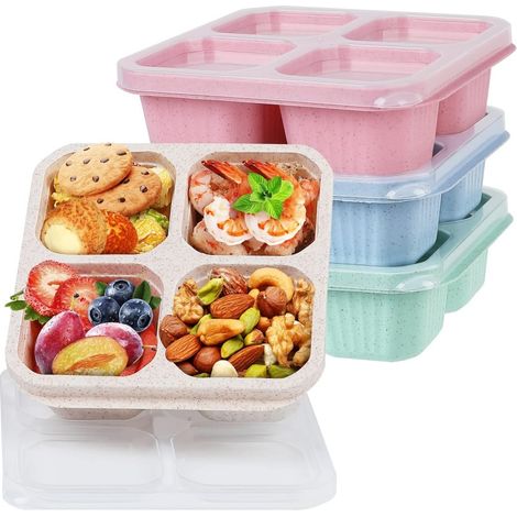 Lot de 4 boîtes à goûter réutilisables, lunch box 4 compartiments, rose beige bleu vert, enfant école (1/5)