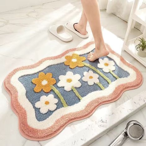 Tapis de bain et d’entrée en fausse fourrure de mouton, lavable en machine, antidérapant et résistant à la saleté – Motif floral élégant avec bordure rose (50 x 80 cm)-lsw