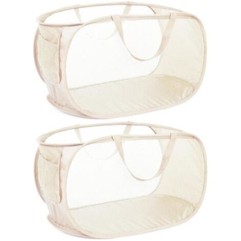 BUNTHAUS PA Panier à linge pliable en maille résistante, avec poches latérales et poignées renforcées, idéal pour la lessive, la salle de bain, les chambres d'étudiant ou les voyages. Lot de 2, beige. (1/4)