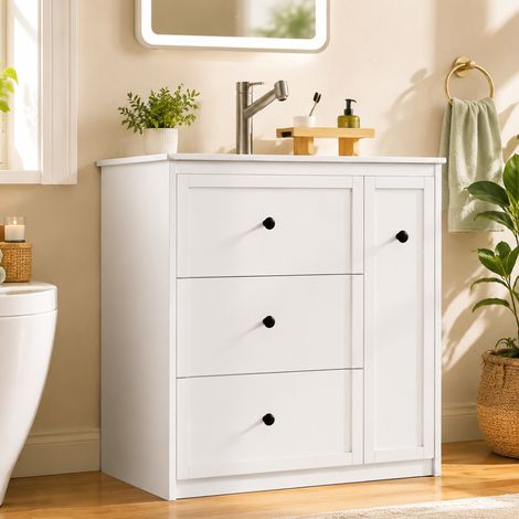 76 x 46 x 82 cm, lavabo sur pied, entièrement laqué, tiroir latéral coulissant, grand espace de rangement, vasque en céramique intégrée, rails coulissants silencieux, blanc. (1/4)