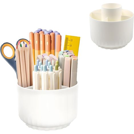 Rangement Bureau 360° Porte Stylo, Porte-Crayons, Pot a Crayon Rangement 5 Compartiments, Organiseur Bureau Rotatif, Rotatif Pot a Crayonss Pour Bureaus, École, Maison (Blanc) (1/5)