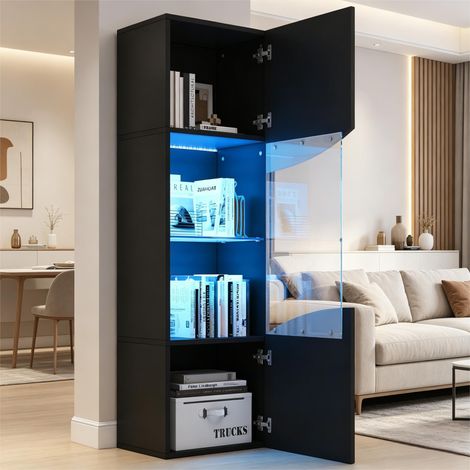 Tkopy - Vitrine en verre trempé, vitrine Salon, buffet haut vitrine, 2 portes vitrées, éclairage LED, doté d'un espace de rangement de grande capacité, 35x50x165 cm, design moderne, Vitrine noir (1/5)