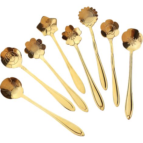 Lot de 8 cuillères décoratives en acier inoxydable, motif fleur, finition titane doré (1/5)