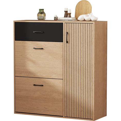 Meuble à chaussures d’entrée compact 100 x 35 x 106 cm, 1 tiroir, 2 abattants, 1 porte et 5 compartiments, finition bois noir, pour petits espaces  CHICFURN (1/5)