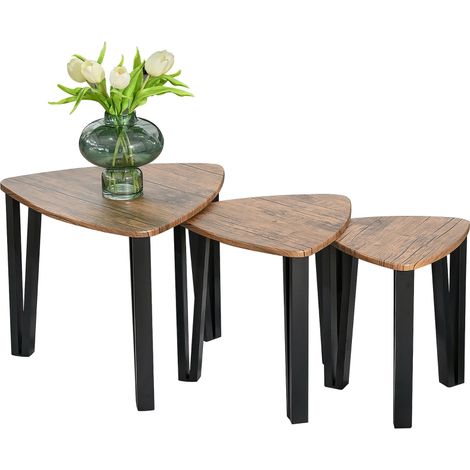 Nest of Tables, Coffee Table Set of 3, Triangle Nesting Tables with Metal Legs, Industrial End Side Table for Living Room, Walnut Wood Grain (1/5)