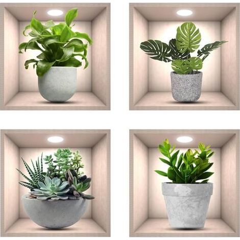 stickers muraux cuisine, 4pcs réaliste vert plante en pot imperméable mur art stickers 3D vinyle amovible stickers muraux chambre (1/5)