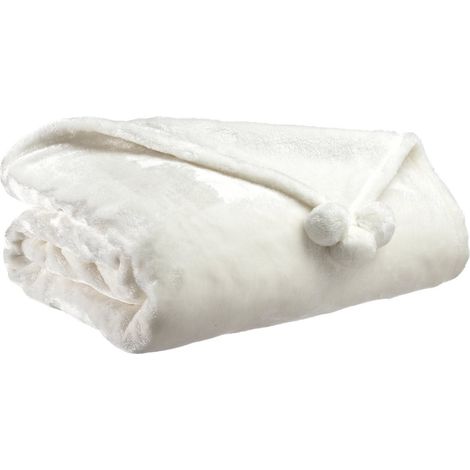 Plaid à Pompoms Doux en Polyester Effet Fourrure Blanc Neige 130 x 170 cm Couverture de Canapé - PANGIVO (1/3)