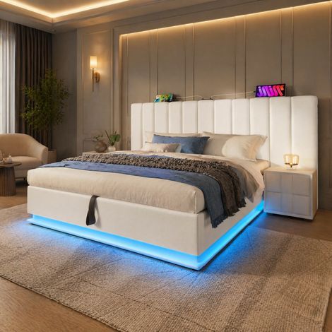 lit coffre 180x200 avec LED et USB-C PU blanc HAVRYA (1/5)