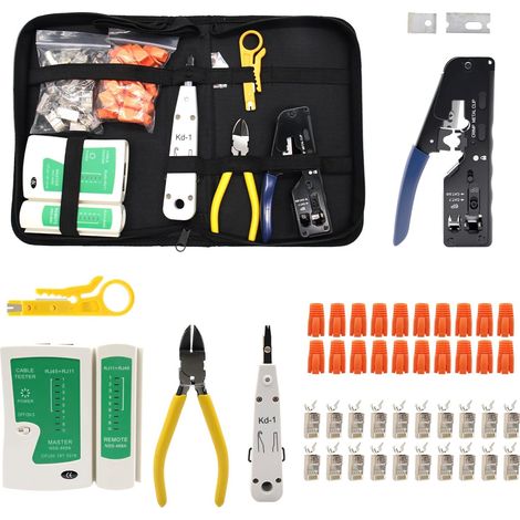 Kit d'outils réseau avec pince à sertir RJ45, 20 fiches RJ45, Cat7/Cat6a, Pass Through, testeur de réseau, outil de raccordement LSA, pince à dénuder pour RJ11/RJ12/RJ45