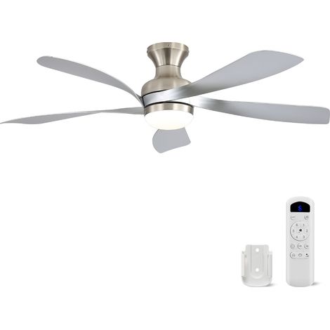 Ventilateur de plafond à montage direct avec LED dimmable, télécommande, 5 pales, moteur DC silencieux, nickel brossé en ABS (1/5)