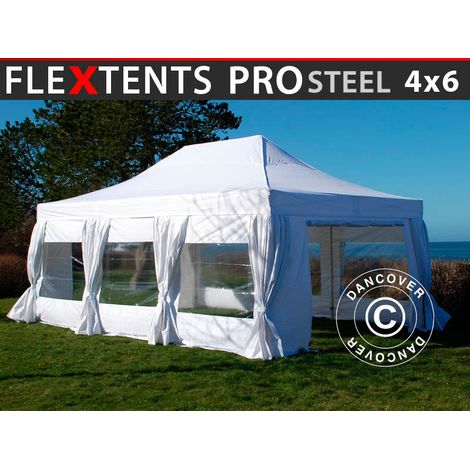 Faltzelt FleXtents PRO Steel 4x6m Weiß, mit 8 Seitenwänden & Gardinen