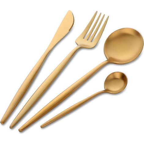 Ensemble de couverts 2024Gold en acier inoxydable, 4 pièces, service de table de luxe (couteau, fourchette, cuillère) pour 1 personne (1/5)