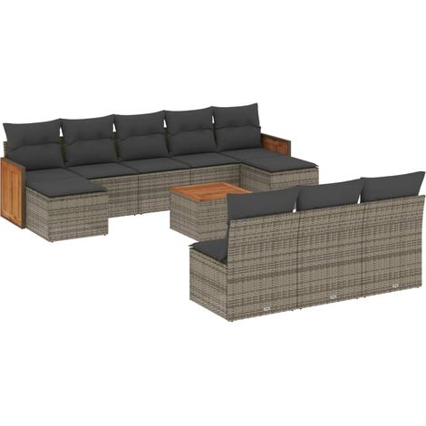 Set de sofás de jardín 11 pzas y cojines ratán sintético gris vidaXL (1/5)