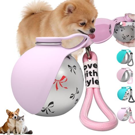 Ortviai Gourde Chien pour En Déplacement 285ml avec Motif Nœud - Bouteille d'Eau Chien Acier Inox avec Écuelle Silicone Pliable - Trinkflasche Hund - Rose Brume (Imprimé) (1/5)